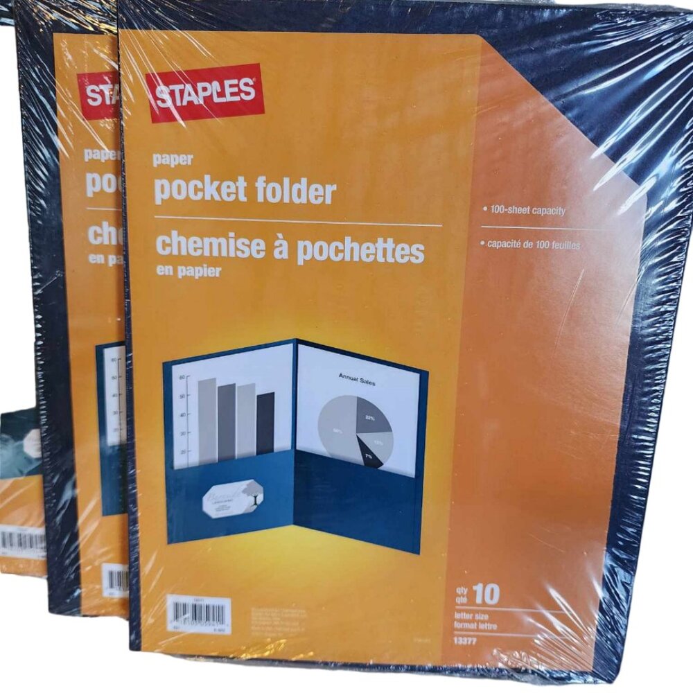 NWT - 6 Packs Staples Dark Blue Pocket Folders - 10 per pack (Total of 60!) - Picture 3 of 4